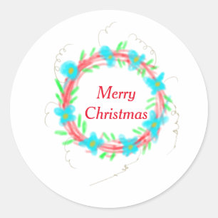 Merry Christmas blue red garland watercolor holida Classic Round Sticker