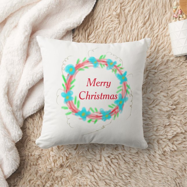 Merry Christmas blue red garland watercolor holida Cushion (Blanket)