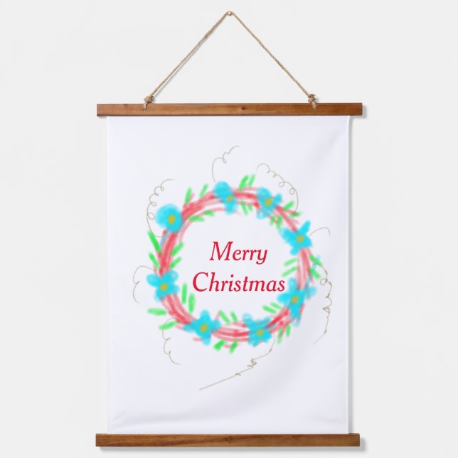 Merry Christmas blue red garland watercolor holida Hanging Tapestry (Front)