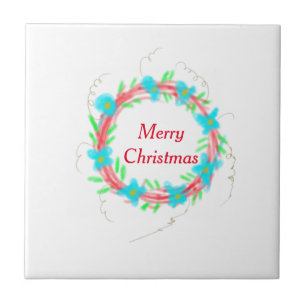 Merry Christmas blue red garland watercolor holida Tile
