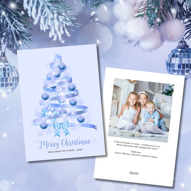 Merry Christmas Blue Ribbon Tree Photo Holiday Card (Merry Christmas Blue Ribbon Tree Photo Holiday Card)