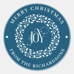 Merry Christmas Blue Round White Holly Wreath Joy Classic Round Sticker