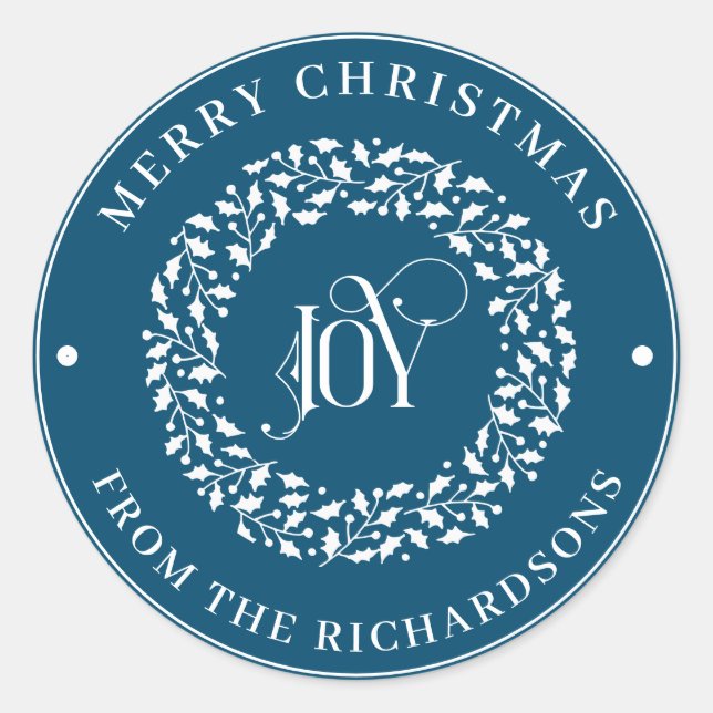 Merry Christmas Blue Round White Holly Wreath Joy Classic Round Sticker (Front)