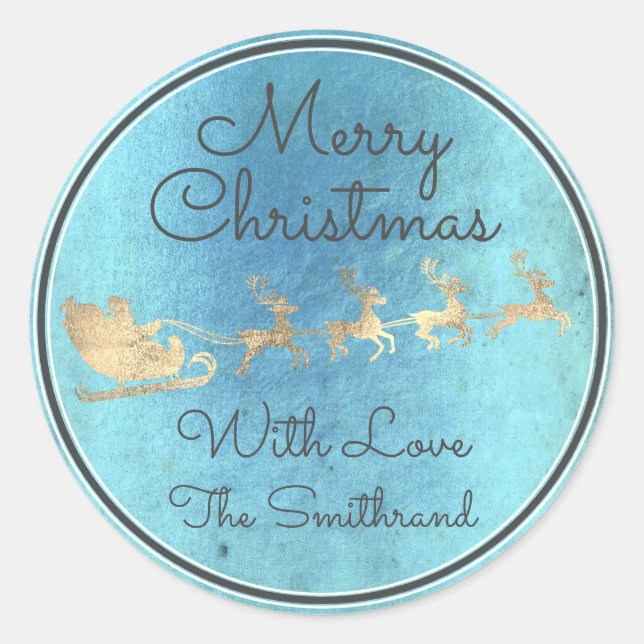 Merry Christmas Blue Rustic Santa Reindeer Sleight Classic Round Sticker (Front)
