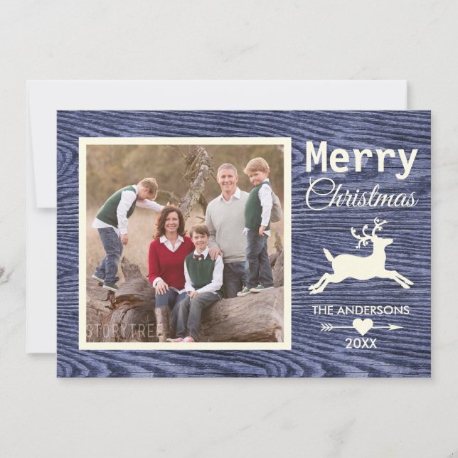 Merry Christmas Blue Rustic Wood Family Photo Holiday Card (Front)