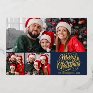 Merry Christmas Blue Script 3 Family Photo Foil Holiday Card
