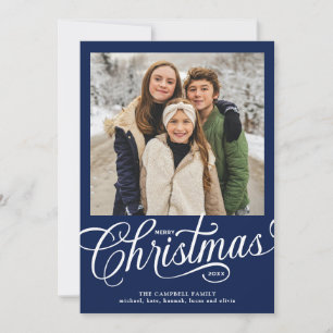 Merry Christmas Blue Script Family Photo Holiday Card