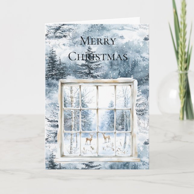 Merry Christmas Blue Snow Winter Trees Deer Window Card (Front)