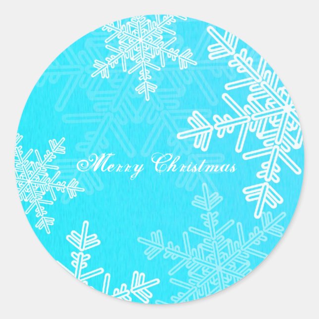 Merry Christmas Blue Snowflake Minimalist Script Classic Round Sticker (Front)