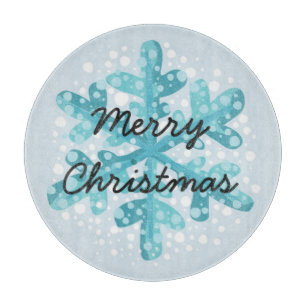 Merry Christmas Blue Snowflake Modern Circular Cutting Board