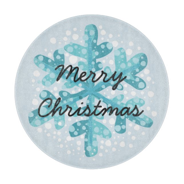 Merry Christmas Blue Snowflake Modern Circular Cutting Board (Front)
