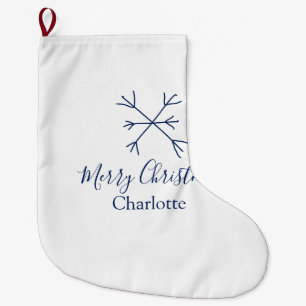 Merry Christmas blue snowflakes add name holidays  Large Christmas Stocking