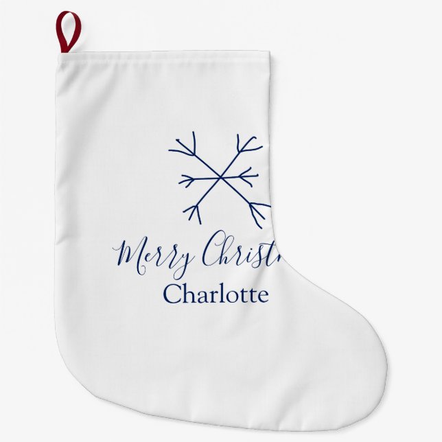 Merry Christmas blue snowflakes add name holidays  Large Christmas Stocking (Front)