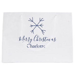 Merry Christmas blue snowflakes add name holidays Large Gift Bag