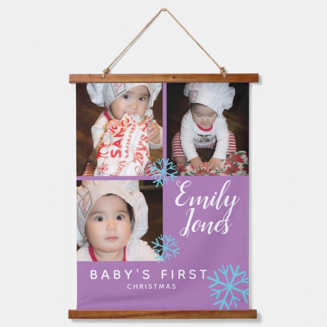Merry Christmas Blue SnowFlakes Baby Photo Collage Hanging Tapestry (Front)