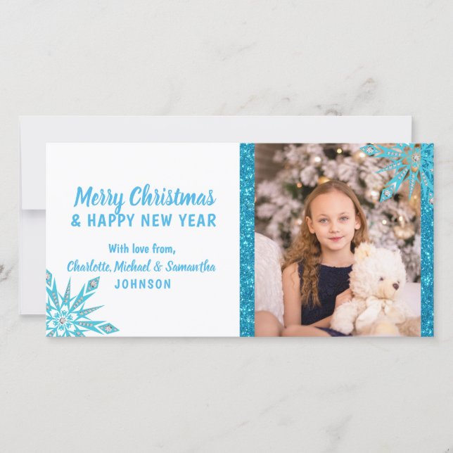 Merry Christmas Blue Snowflakes Glitter | PHOTO Holiday Card (Front)