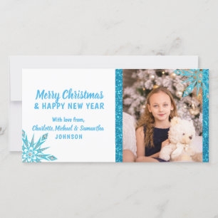 Merry Christmas Blue Snowflakes Glitter PHOTO Holiday Card