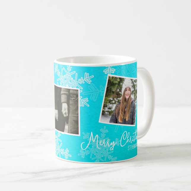 Merry Christmas Blue Snowflakes Photo Collage  Coffee Mug (Front Right)