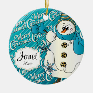 Merry Christmas Blue Snowman Ceramic Tree Decoration