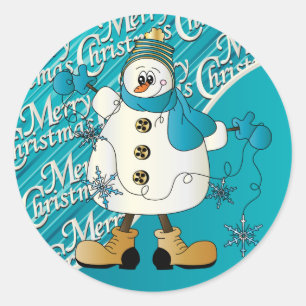 Merry Christmas Blue Snowman Classic Round Sticker