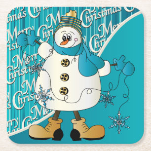 Merry Christmas Blue Snowman Square Paper Coaster