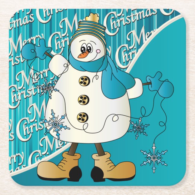 Merry Christmas Blue Snowman Square Paper Coaster (Front)