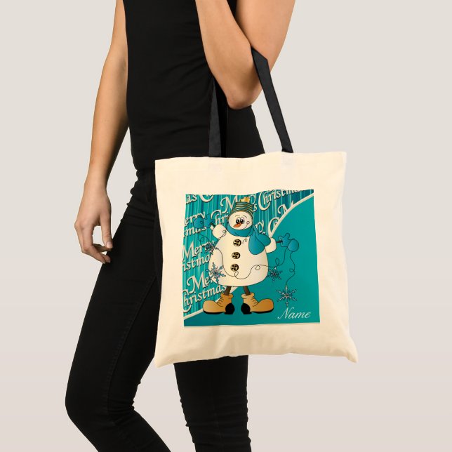 Merry Christmas Blue Snowman Tote Bag (Front (Product))