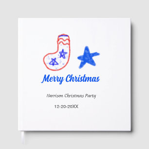 Merry Christmas blue star red stockings name date Guest Book