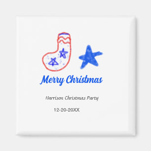 Merry Christmas blue star red stockings name date Magnet