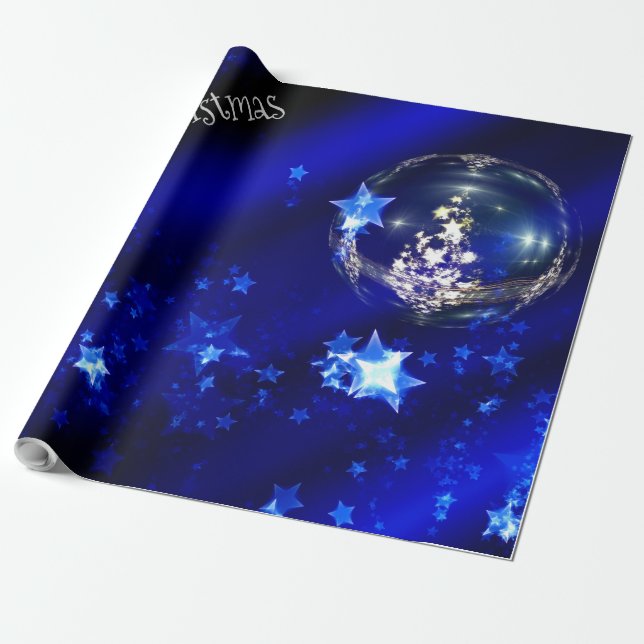 Merry Christmas Blue Stars Bauble Ornaments Wrapping Paper (Unrolled)