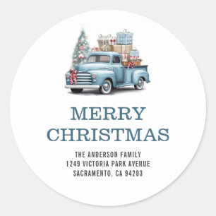 Merry Christmas Blue Truck Family Return Address Classic Round Sticker