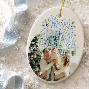 Merry Christmas Blue Typography Arched Photo Ceramic Tree Decoration