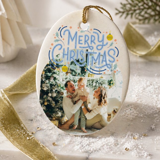 Merry Christmas Blue Typography Arched Photo  Ceramic Tree Decoration (Merry Christmas Blue Typography Arched Photo Ceramic Ornament)