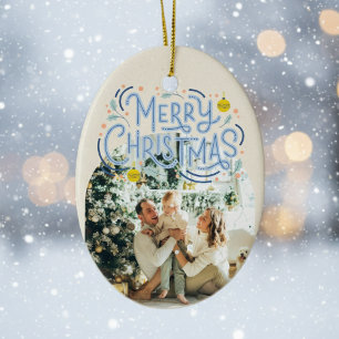 Merry Christmas Blue Typography Arched Photo Ceramic Tree Decoration