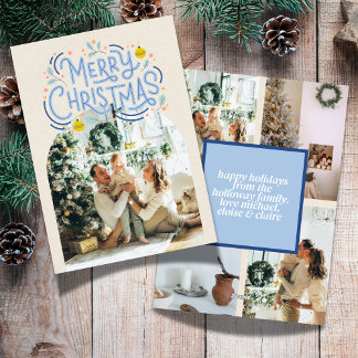Merry Christmas Blue Typography Arched Photo  Holiday Card