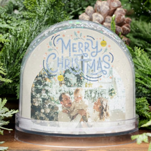 Merry Christmas Blue Typography Arched Photo  Snowglobe