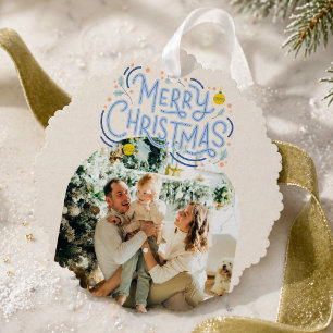 Merry Christmas Blue Typography Arched Photo  Tree Decoration Card