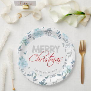 Merry Christmas Blue Watercolor Floral Paper Plate