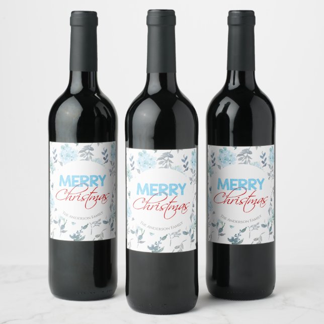 Merry Christmas | Blue Watercolor Floral Wine Label (Bottles)