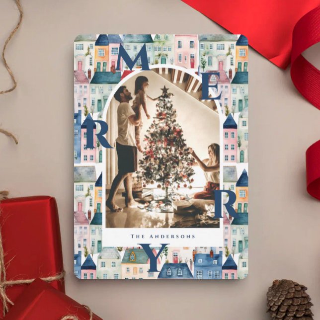 Merry Christmas Blue Watercolor Houses Arch Photo Holiday Card (Creator Uploaded)