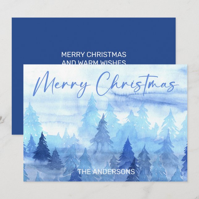 Merry Christmas Blue Watercolor Pine Trees Holiday Card (Front/Back)