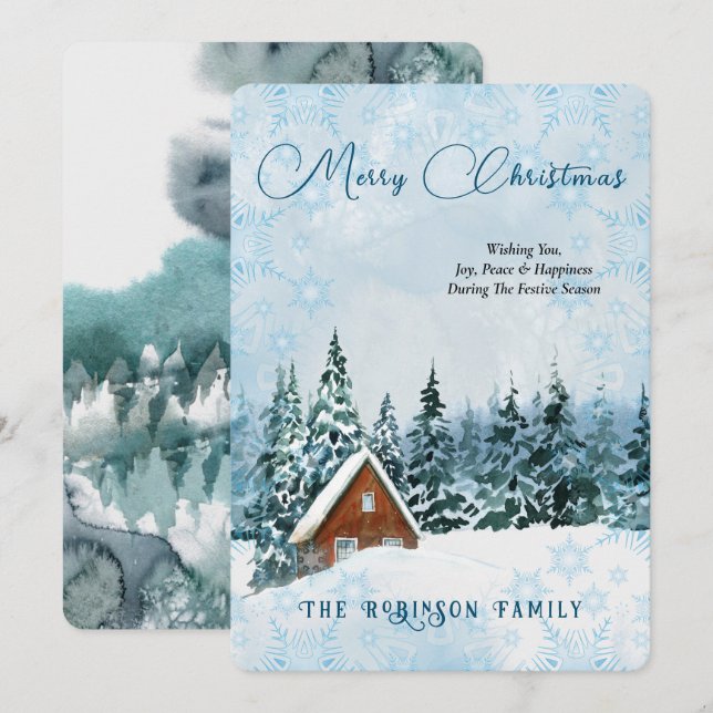 Merry Christmas Blue Watercolor Winter Scape Holiday Card (Front/Back)