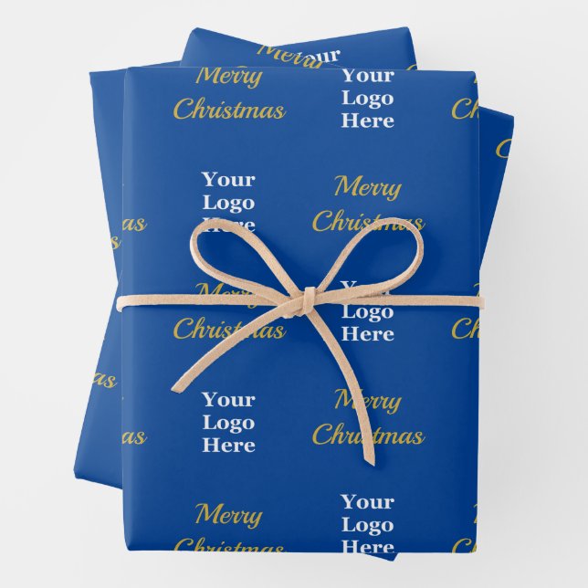 Merry Christmas Blue White Gold with Business Logo Wrapping Paper Sheet (In situ)