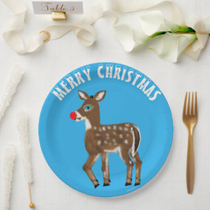 Merry Christmas Blue White Reindeer Paper Plate