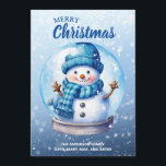 Merry Christmas Blue White Snowman Holiday Card<br><div class="desc">"Merry Christmas" customisable Christmas greeting card with a cute snowman inside a snow globe on a soft blue background. Personalise with your family name and any other text you choose. Contact me for assistance with your customisations or to request additional matching or coordinating Zazzle products.</div>