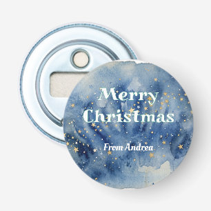 merry christmas blue white stars watercolor yellow bottle opener
