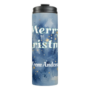 merry christmas blue white stars watercolor yellow thermal tumbler