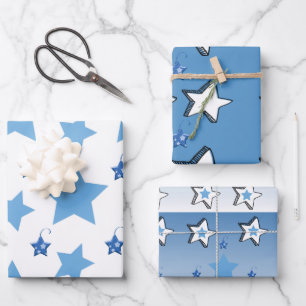 Merry Christmas Blue & White Stars Wrapping Paper Sheet