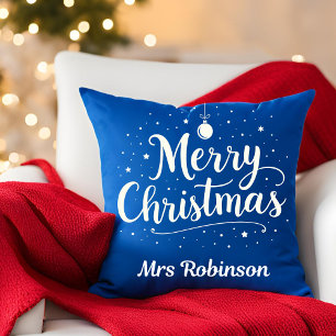 Merry Christmas Blue White Trendy Custom Name Cushion
