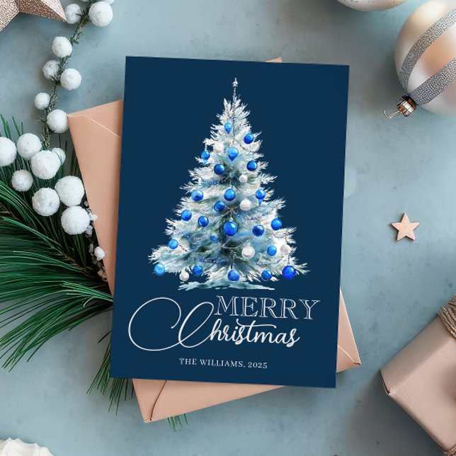 Merry Christmas Blue White Watercolor Tree Holiday Card (Creator Uploaded)
